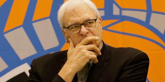 TARRYTOWN, NY - JUNE 26: New York Knicks President Phil Jackson speaks to the media at the Madison Square Garden Training Facility on June 26, 2015 in Tarrytown, New York. NOTE TO USER: User expressly acknowledges and agrees that, by downloading and or using this photograph, User is consenting to the terms and conditions of the Getty Images License Agreement. Mandatory Copyright Notice: Copyright 2015 NBAE (Photo by Steven Freeman/NBAE via Getty Images)