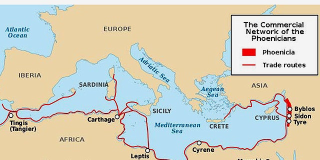 A map of the Phoenician civilization's common trade routes around the Mediterranean Sea.