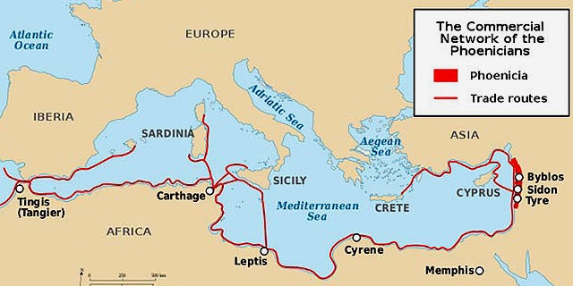 A map of the Phoenician civilization's common trade routes around the Mediterranean Sea.