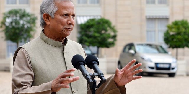 Grameen Bank founder Muhammad Yunus speaks to the press at the Elysee Palace in Paris, last October. Bangladesh's pioneering microlender faces an uncertain future after a commission proposed the government take over or break up the Nobel-award-winning bank, analysts said Tuesday.