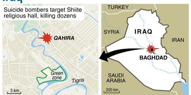 Map locating the Baghdad district of Qahira, where a twin suicide bomb attack killed dozens at a Shiite religious hall. Twin suicide bombings killed 31 people after midday prayers at a Shiite Muslim religious centre in Baghdad, the latest in violence sparking fears of a revival of full-blown sectarian bloodshed.