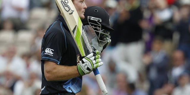 New Zealand's Martin Guptill acknowledges the crowd on June 2, 2013. New Zealand eased to a 42-run victory over Kent at Canterbury on Saturday as they warmed-up for their two Twenty20 internationals against England.