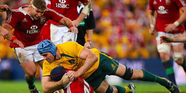 Australian captain James Horwill tackles British and Irish Lions' Leigh Halfpenny on June 22, 2013. Horwill has been cited for "stamping or trampling" lock Alun Wyn Jones during the Wallabies' loss to the Lions.