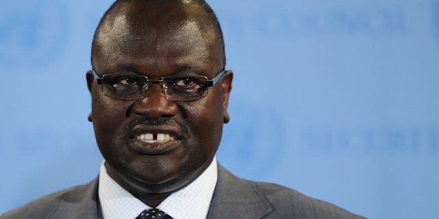 Riek Machar, Vice President of South Sudan, speaks to the media on July 13, 2011 at UN headquarters in New York. Machar arrived in the Sudanese capital seeking to ease tensions after Khartoum threatened to halt oil flows worth billions of dollars to both impoverished neighbours.