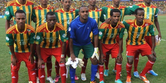 Ethiopia's national football team pictured before the 2014 FIFA World Cup qualifying match against South Africa in Addis Ababa on on June 16, 2013. South Africa returned Monday to the race for places at the 2014 World Cup after Ethiopia forfeited three points for fielding an ineligible player.