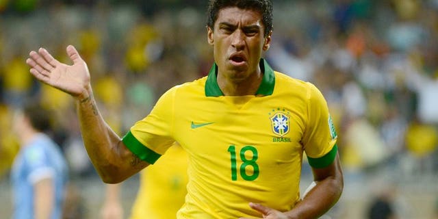 Brazil's Paulinho celebrates after scoring against Uruguay during their Confederations Cup semi-final match in Belo Horizonte, on June 26, 2013. Paulinho has announced he is leaving Corinthians for English Premier League side Tottenham Hotspur.