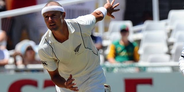 New Zealand paceman Chris Martin delivers a ball during a Test match in Cape Town on January 2, 2013. He announced his retirement Wednesday, bowing out as the third highest Test wicket-taker in Black Caps' history.
