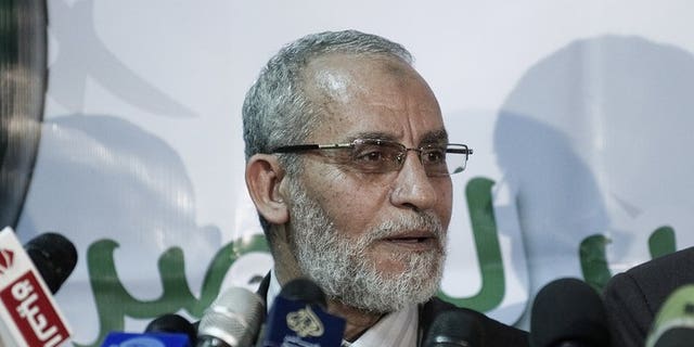 Egypt's Muslim Brotherhood leader Mohamed Badie speaks during a press conference in Cairo, on March 31, 2012. Egyptian authorities have issued an arrest warrant for Badie and his first deputy Khairat El-Shater, a judicial source tells AFP.