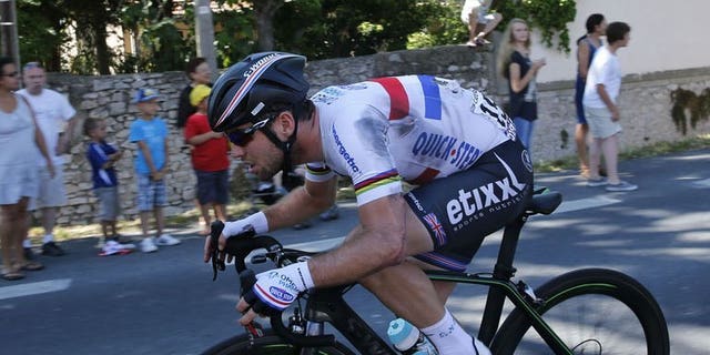 Britain's Mark Cavendish rides after a fall during the 176.5 km sixth stage of the Tour de France on July 4, 2013 between Aix-en-Provence and Montpellier, southern France. The British champion was fourth in the sprint for the line at the end of the 176-kilometre ride.