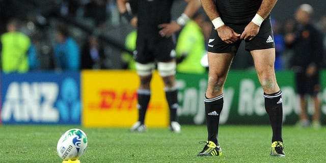 New Zealand All Blacks' Stephen Donald prepares to score the crucial penalty against France during their 2011 Rugby World Cup final match at Eden Park Stadium in Auckland, on October 23, 2011. Much-maligned Donald's unlikely role in N.Z.'s narrow win will be immortalised in a movie, according to reports.