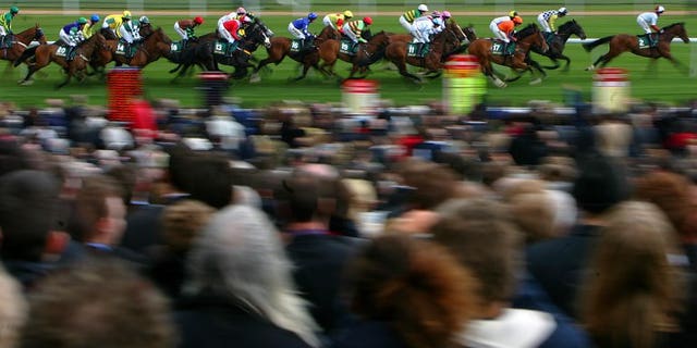 This file photo shows jockeys competing in the Handicap Hurdle race at Aintree racecourse in Liverpool, on April 5, 2008. Jockey Brian Toomey was being treated in hospital on Friday after sustaining life-threatening head injuries during a fall at Perth racecourse in Scotland.