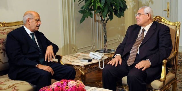 A handout picture released by the Egyptian Presidency shows Egypt's interim president Adly Mansour (R) meeting with opposition National Salvation Front leader Mohamed ElBaradei in Cairo on July 6, 2013. Egypt's presidency said Saturday that ElBaradei has not been officially appointed prime minister, after several official sources said the former UN nuclear watchdog chief had been named premier.