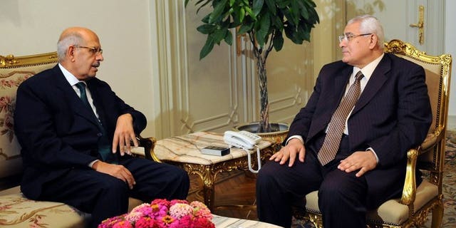 Picture released by the Egyptian Presidency shows interim president Adly Mansour (R) meeting opposition National Salvation Front leader Mohamed ElBaradei in Cairo on July 6, 2013. ElBaradei condemned the killing of at least 42 people outside an elite army headquarters in Cairo on Monday and called for an independent investigation.