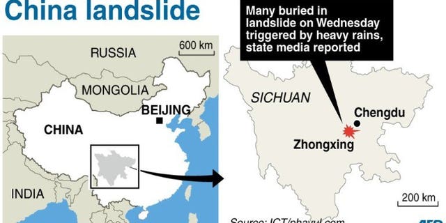 Graphic map locating Zhongxing in China's Sichuan province where 30 - 40 people have been buried by a landslide Wednesday, according to state media.