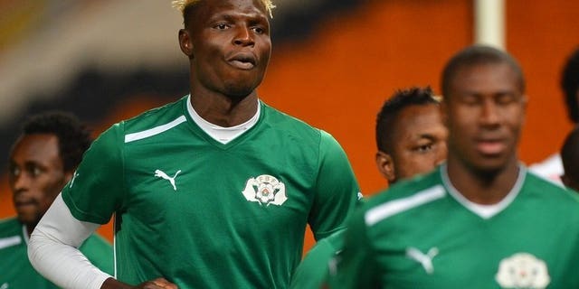 Burkina Faso striker Aristide Bance attends a training session at Soccer City in Soweto on February 9, 2013, on the eve of his side's 2013 Africa Cup of Nations final against Nigeria. Bance faces a race against time to be fit for the start of the new Bundesliga season with Augsburg next month after breaking his left arm in a friendly.