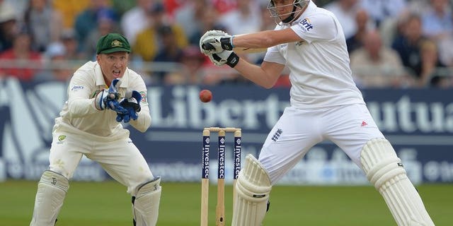 Jonny Bairstow (rights) bats in England's first innings against Australia at Trent Bridge on Wednesday. England were 157 for four in their second innings -- a lead of 92 runs -- at lunch on the third day of the first Ashes Test against Australia at Nottingham's Trent Bridge ground on Friday.