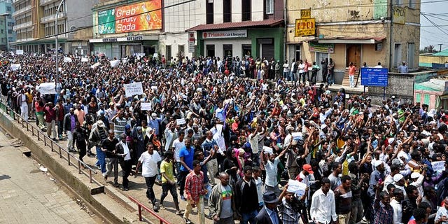 Thousands of Ethiopian opposition activists demonstrate in Addis Ababa on June 2, 2013. Activists said Saturday they will hold rare demonstrations in two northern towns calling for government reform in the tightly controlled country.