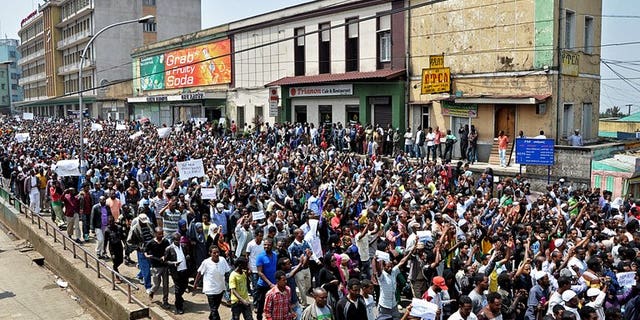 Thousands of Ethiopian opposition activists demonstrate in Addis Ababa on June 2, 2013. Activists said Saturday they will hold rare demonstrations in two northern towns calling for government reform in the tightly controlled country.
