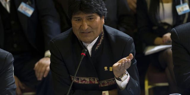 Bolivia's President Evo Morales speaks during the XLV Mercosur Summit, at the headquarters of the bloc in Montevideo on July 12, 2013. Morales on Saturday accused US intelligence of hacking into the email accounts of top Bolivian officials, saying he had shut his own account down.
