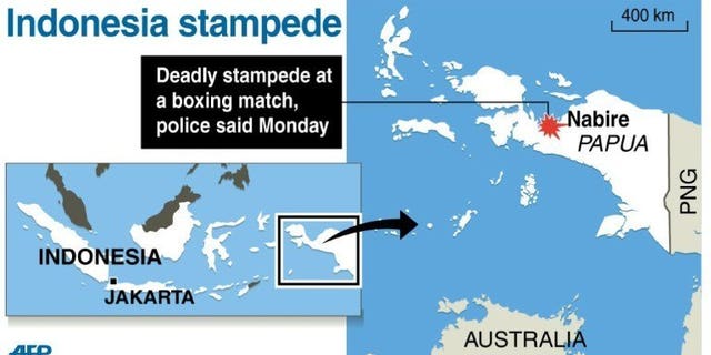 Graphic map showing Nabire in Indonesian Papua, where 17 spectators were crushed to death in a stampede at a boxing match late on Sunday, according to police.