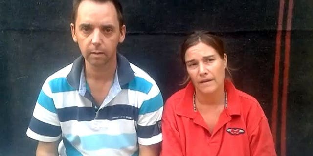 An image grabbed from a video dated July 13, 2013 and posted on YouTube and Facebook on July 16, 2013 shows Dutch nationals Judith Spiegel and her partner Boudewijn Berendsen speaking at an undisclosed location.