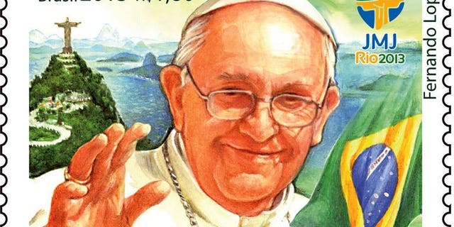 This handout photo shows a stamp commemorating Pope Francis' visit to Rio de Janeiro, Brazil. The stamp will begin circulating Tuesday after the inaugural mass of World Youth Day on Rio's famed Copacabana beach, the post office said.