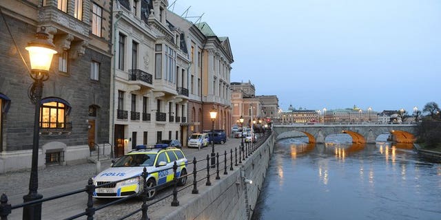A Swedish police car is parked outside the Sagerska Palace in Stockholm, on November 9, 2012. Swedish police deny one of its cars had taken part in an illegal street race in a Stockholm suburb, as suggested by a mass-circulation daily providing what it said was video evidence.