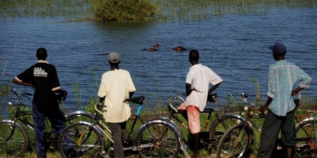 Burundian men look at a group of hippos wallowing in Lake Tanganyika on May 12, 2010. A cholera epidemic in Burundi, the longest in the small central African country's history, has killed at least 17 people in 10 months, a top health official told AFP.