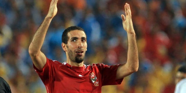 Egyptian player Mohammed Abou Trika of al-Ahly after scoring the winning goal against Haras al-Hodud club during their Super Cup match in Cairo July 25, 2010. Star midfielders Mohamed Abou Trika of Al-Ahly and Mahmoud Abdel Razak of Zamalek return Wednesday for a potentially explosive CAF Champions League Egyptian derby.