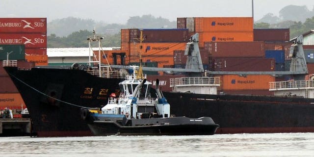 Partial view of North Korean vessel Chong Chon Gang at Manzanillo harbour in Colon, 90 km from Panama City on July 16, 2013. A delegation from the Panamanian Red Cross Tuesday visited the 35 crew members from a North Korea ship being held for carrying undeclared Cuban weapons.