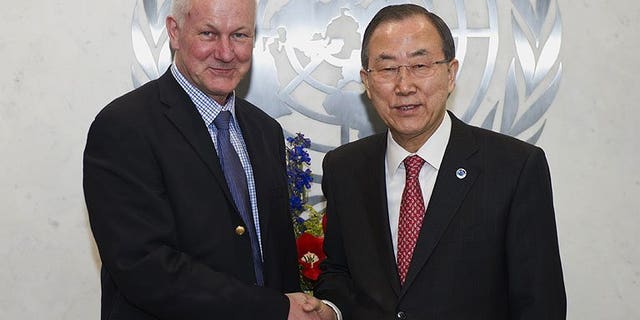 United Nations Secretary General Ban Ki-Moon (right) shakes hands with Swedish scientist Ake Sellstrom -- the head of the UN chemical weapons investigation team -- before their meeting at the UN headquarters in New York, on April 29, 2013. UN inspectors Sellstrom and Angela Kane -- tasked with examining claims that chemical weapons were used in Syria's civil war -- have arrived in Damascus.