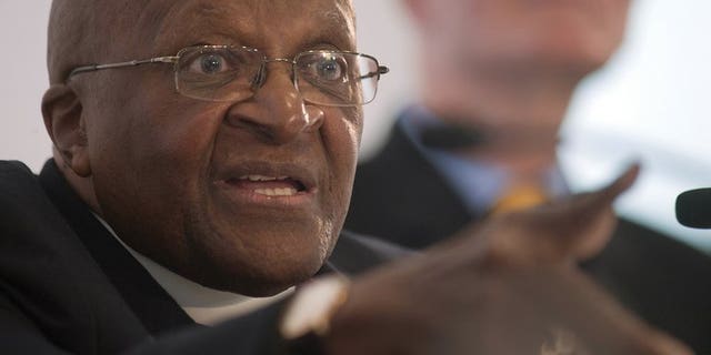 Archbishop Emeritus and Nobel Peace Laureate Desmond Tutu speaks at the launch of Free and Equal, a UN campaign for lesbian, gay, bisexual and transgender (LGBT) equality, on July 26, 2013 in Cape Town.
