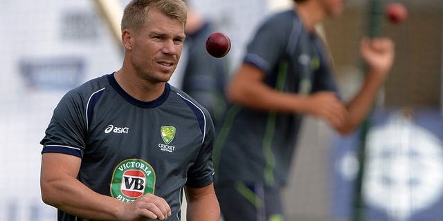 Australia's David Warner attends a practice session at Trent Bridge in Nottingham, central England on July 8, 2013. Warner had to be separated from South Africa A wicketkeeper Thami Tsolekile during his 33-run second innings Saturday.
