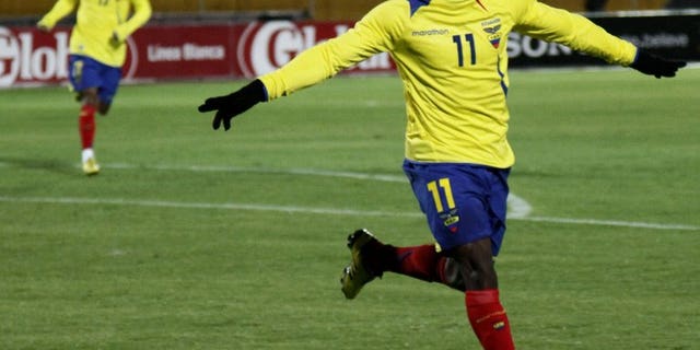 Ecuadorean player Christian Benitez celebrates after scoring against Venezuela in Quito on November 17, 2010. Benitez has died suddenly in Qatar at the age of 27, his agent Jose Chamorro said.