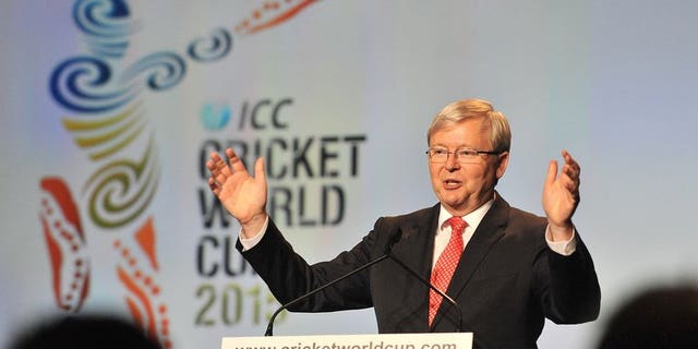 Australia's PM Kevin Rudd addresses guests at the official launch of the 2015 Cricket World Cup, in Melbourne, on July 30 2013. The tournament will be run across 14 Australian and New Zealand cities with the final to be staged at the Melbourne Cricket Ground (MCG) on March 29, 2015.