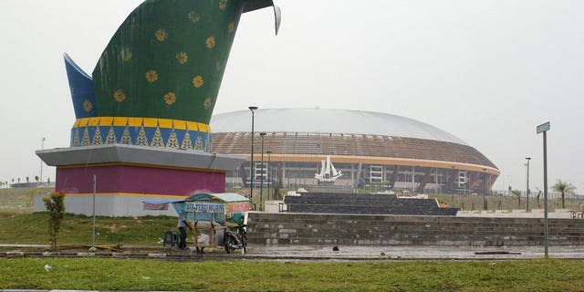 A general view of the under construction main sports stadium to be used for the Islamic Solidarity Games in Pekanbaru located in Indonesia's Sumatra island on April 2, 2013. Indonesia has moved the venue for the Islamic Solidarity Games for a second time, an official said, this time to a city that co-hosted the ill-fated 2011 Southeast Asian Games .