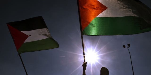 Palestian protesters wave flags during a demonstration against the Bedouin resettlement plan in Umm al-Fahm, on July 15, 2013. Hundreds of people have protested in the Negev desert against Israeli plans to resettle up to 40,000 Bedouin and demolish 40 villages in the region.