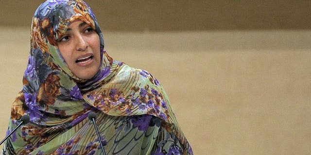 Nobel Peace Prize winner 2011 Yemeni journalist and activist Tawakkol Karman delivers a speech in Strasbourg on October 08, 2012. Egyptian authorities banned Yemeni rights activist and Nobel Peace Prize winner Tawakkol Karman from entering the country for "security reasons,"