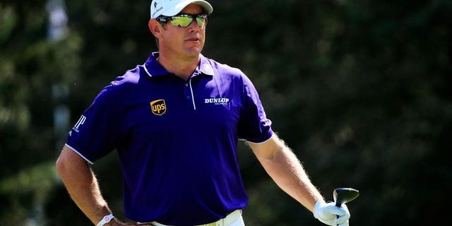 Lee Westwood of England looks on from the tee on the seventh hole during the final round of the 95th PGA Championship on August 11, 2013 in Rochester, New York.