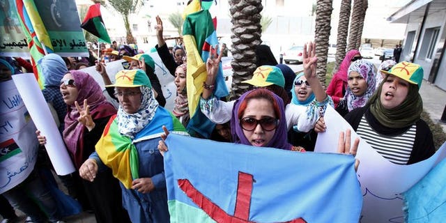 Libyan Amazigh Berbers protest outside the prime minister's office in Tripoli on November 27, 2011. Members of Libya's Berber community, angered over what they believe is their marginalisation, stormed the national assembly Tuesday.