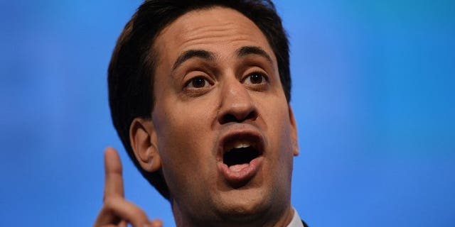 Labour leader Ed Miliband delivers his keynote speech at the annual Labour Party Conference in Manchester on October 2, 2012. Miliband got pelted with eggs during a walkabout in south London.