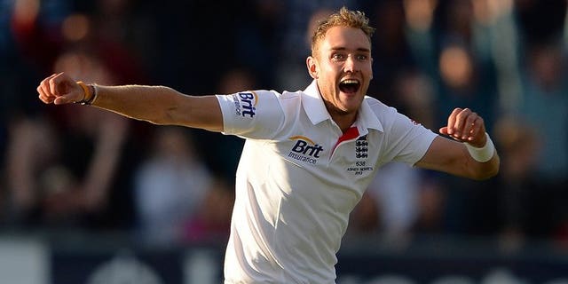 England's Stuart Broad celebrates at the Durham cricket ground on August 12, 2013. Broad has insisted he's nothing to apologise for after refusing to walk in the opening Ashes Test against Australia at Trent Bridge.