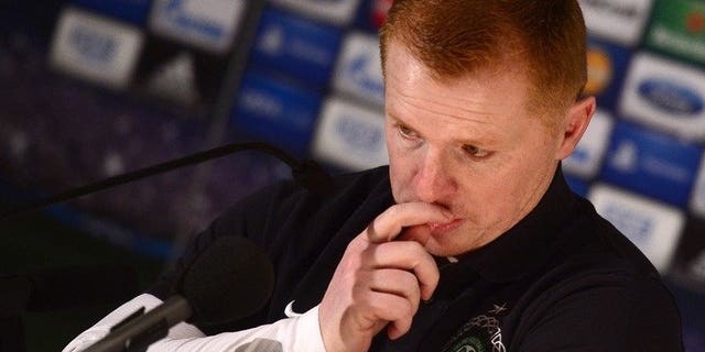 Celtic's Manager Neil Lennon answers journalists' questions in Turin, on March 5, 2013. Celtic face a fight to qualify for the group stage of the Champions League after a shock 2-0 defeat to Kazakh minnows Shakhter Karagandy in the first leg of their play-off match.