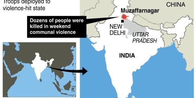 Graphic map showing Muzaffarnagar district in India where hundreds of troops have been deployed after at least 23 people were killed in a weekend of communal violence.
