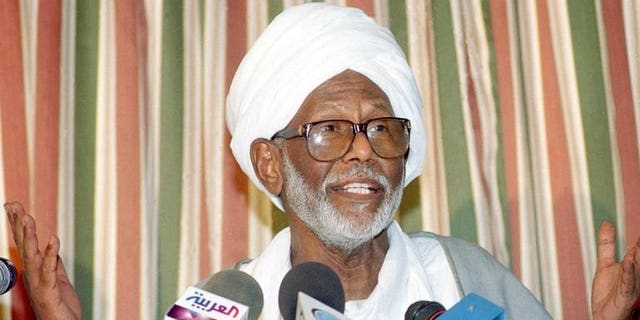 Sudan's Popular Congress Party (PCP) leader Hassan al-Turabi speaks during a press conference in Khartoum, on October 14, 2003. The PCP say that Yousef Mohammed Saleh Lebis -- who was jailed in connection with an alleged coup attempt in 2004 -- has been released by Sudanese authorities.