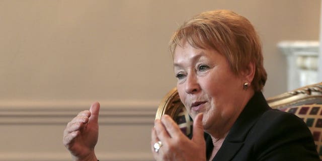 Quebec's Prime Minister Pauline Marois speaks during an interview at the Hotel Westin on October 16, 2012 in Paris.