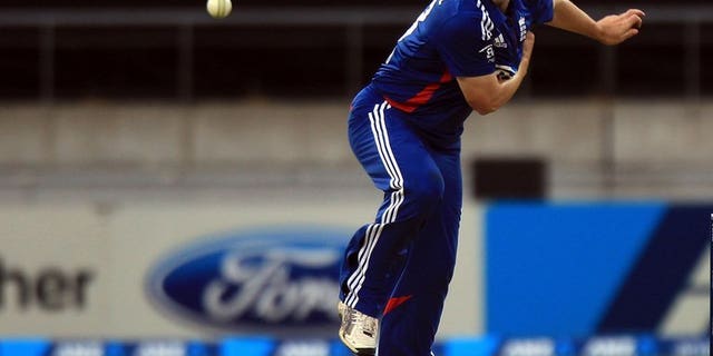 England's James Tredwell bowls during the International Twenty20 cricket match between New Zealand and England played at the Westpac Stadium in Wellington on February 15, 2013.