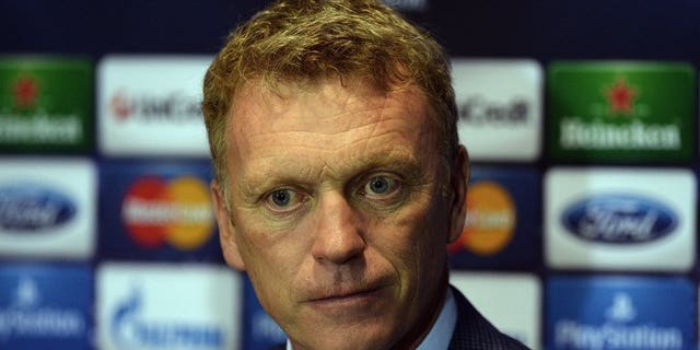 Manchester United's Scottish manager David Moyes holds a press conference at Old Trafford in Manchester, northwest England, on September 16, 2013, ahead of the UEFA Champions League Group A football match between Manchester United and Bayer Leverkusen on September 17.