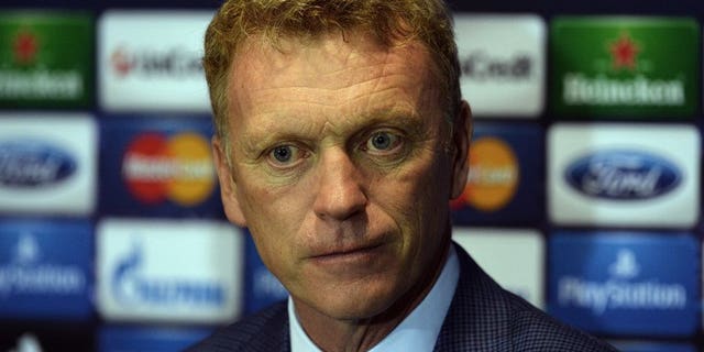 Manchester United's Scottish manager David Moyes holds a press conference at Old Trafford in Manchester, northwest England, on September 16, 2013, ahead of the UEFA Champions League Group A football match between Manchester United and Bayer Leverkusen on September 17.