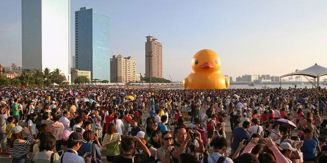 Local residents gather to see Dutch artist Florentijn Hofman's yellow rubber duck at a harbour in the Taiwanese city of Kaohsiung on September 19, 2013. A Dutch artist's now-famous giant yellow duck found a new temporary home Thursday, this time in Taiwan, but an approaching typhoon could ruffle the inflatable's feathers.